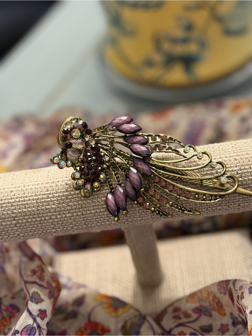 Purple and Gold Crystal Peacock Vintage Hair Clip or Brooche